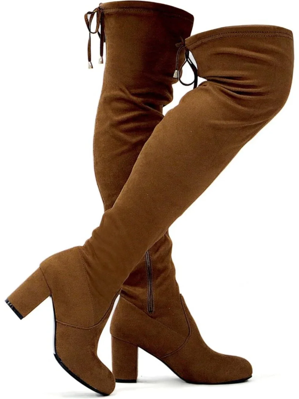 Women's Brown Chunky Heel Round Toe Side Zipper Over The Knee Thigh High Boots